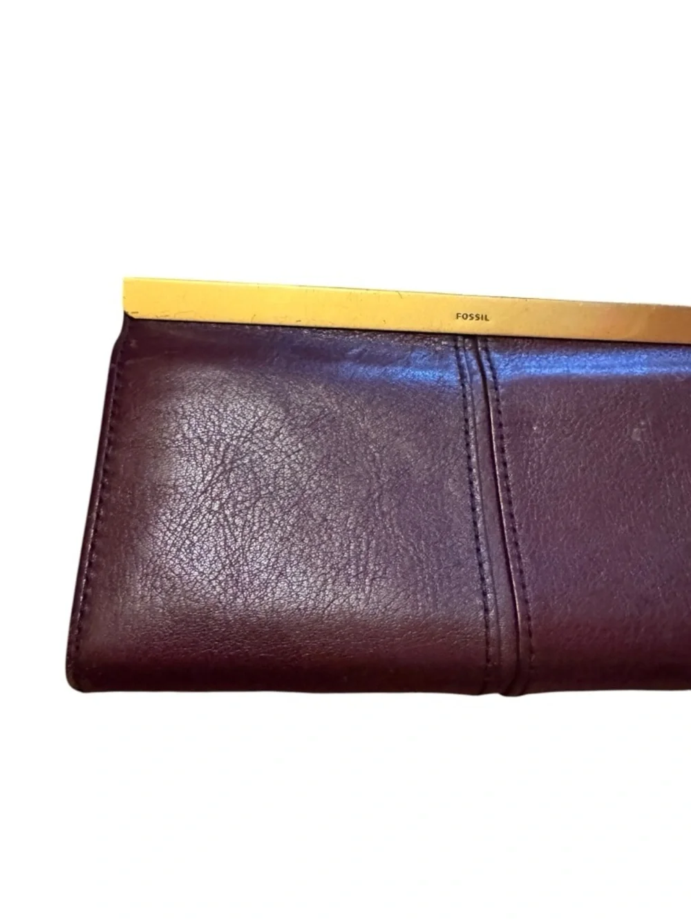 Fossil Burgundy Leather Clutch Wallet with Gold-Tone Frame